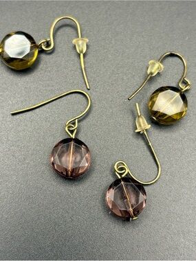Faceted Glass Drop Earrings in Olive and Smoky Mauve with Gold Hooks